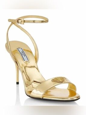 PRADA Gold Triangle Logo Ankle Strap Heels 85MM